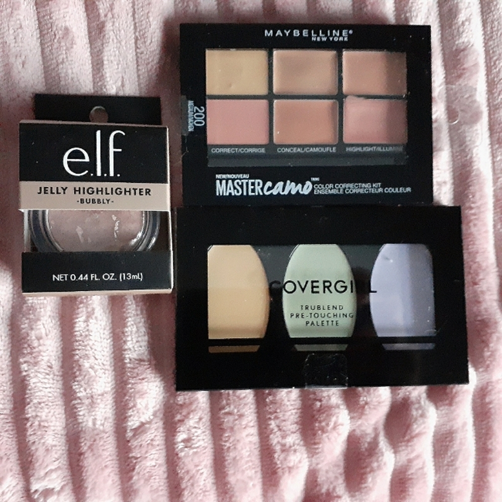 Maybelline and covergirl concealer palettes, elf jelly highlighter